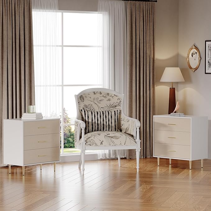 GAOMON White Dresser with Gold Handles,3-Drawer Wooden Nightstand & Narrow Accent Cabinet,Linen-Textured Modern Chest of Drawers for Living Room, Bedroom