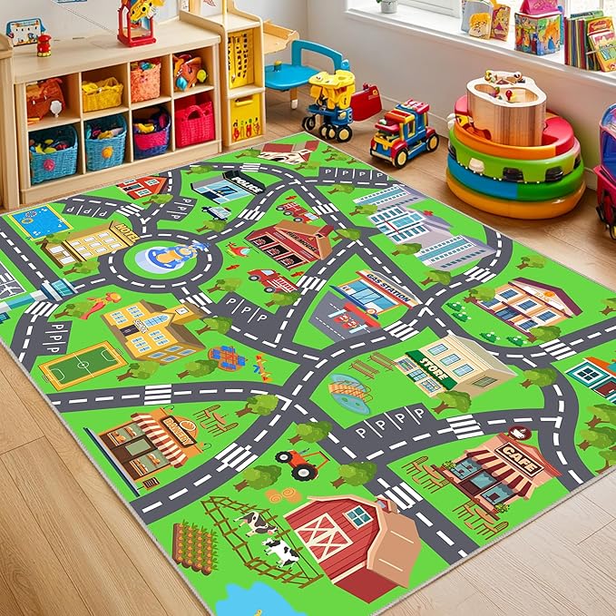 Kids Room Rug - Soft & Non-Slip 9x12 Ft Town Car Rug City Map Play Mat, Childrens Road Catpet Washable Rug for Classroom Nursery Bedroom Boys