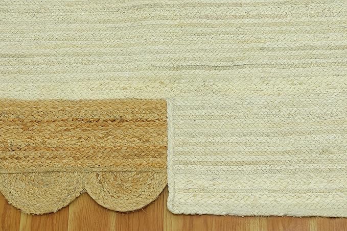 Scalloped Edge Rug, Hand Woven Natural Jute Area Rug, 6x6 Ft Square Beige & Brown Braided Kilim Rugs for Living Room, Kitchen, Entryway, Farmhouse
