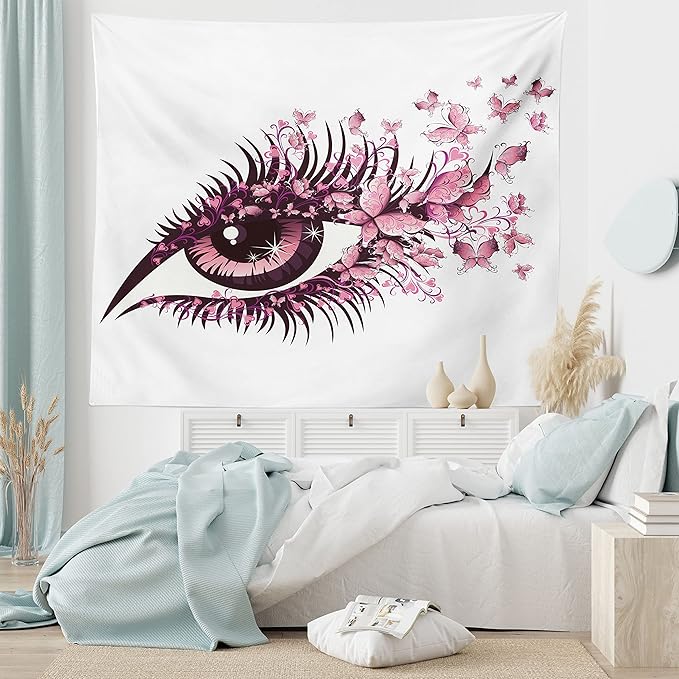 Ambesonne Butterflies Tapestry, Female Eye Eyelashes Mascara Stare Party Makeup Animal Print, Fabric Wall Hanging Decor for Bedroom Living Room Dorm, 28" X 23", Pale Pink Purple