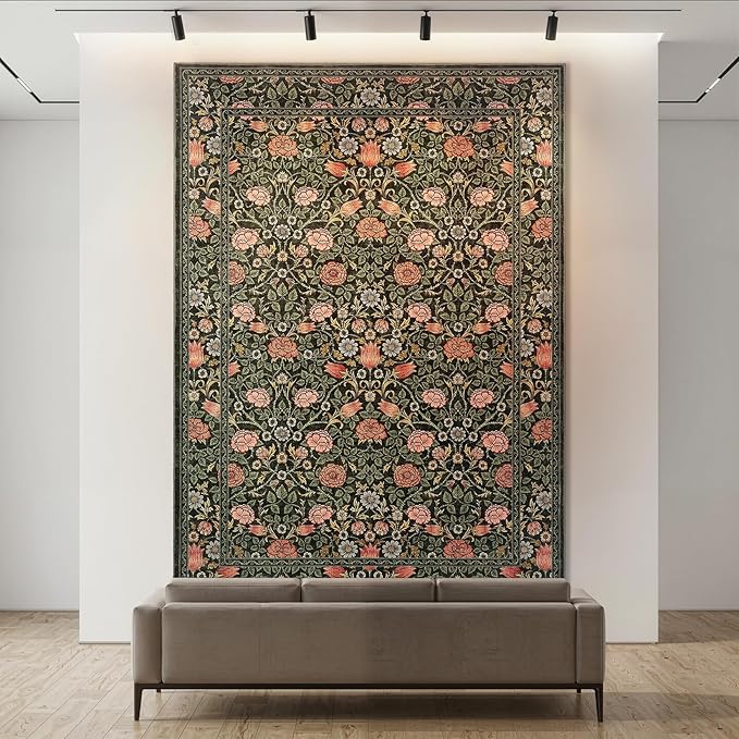GarveeHome Dark Green Vintage Floral Washable 5x7 Area Rugs for Living Room Boho Botanical Retro Rug Low Pile Stain Resistance Non Slip Carpet for Bedroom Nursery Dining Room