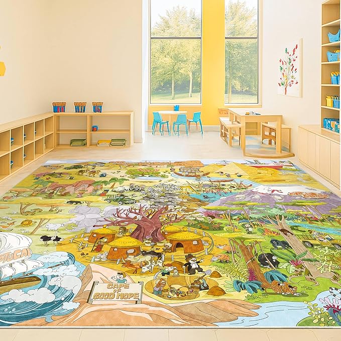 Large Kids Playroom Rug 8x10 – Desert Adventure Safari Animal Map Carpet with Lions, Elephants, Giraffes & Tribes – Educational Play Mat for Boys & Girls Bedroom, Classroom, or Reading Nook