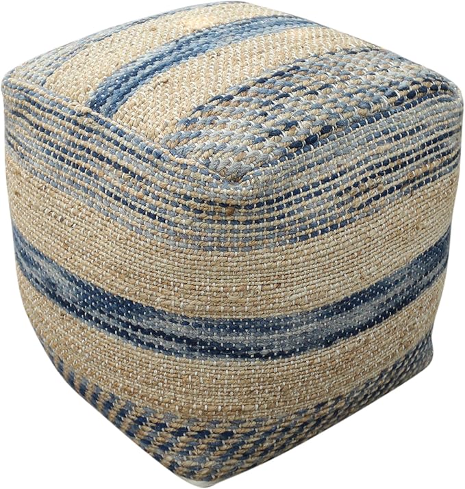 Christopher Knight Home Lola Boho Hemp and Wool Pouf, Natural and Blue