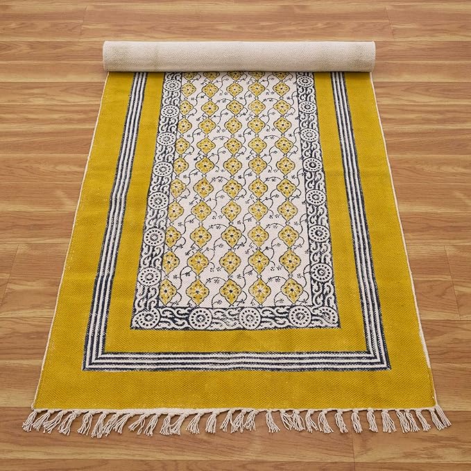 Flatweave Runner 2.6x8 Kilim Runner Floral Design Hand Block Printed Cotton Rug Yellow Beige Handmade Boho Dhurrie Thick 0.19" Indoor Outdoor Rugs for Hallway Enterway Kitchen | Holiday Season Decor