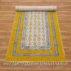 2x6 Hand Block Printed Cotton Runner Rug Yellow Beige Floral Design Thick 0.19" Boho Flatweave Handmade Carpet for Kitchen Entryway Bedside Yoga Room Indoor Outdoor Use