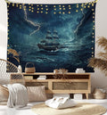 Ambesonne Landscape Tapestry King Size, Stormy and Rainy Weather Waves Vintage Ship Sailing Oil Paint, Wall Hanging Bedspread Bed Cover Wall Decor, 104" X 88", Dark Cadet Blue White