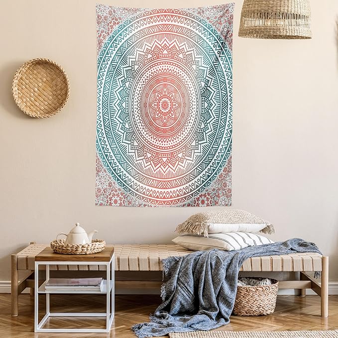 Ambesonne Teal and Coral Tapestry, Ombre Mandala Art Antique Gypsy Folk Pattern Cosmos Image, Wall Hanging for Bedroom Living Room Dorm Decor, 40" X 60", Teal Coral