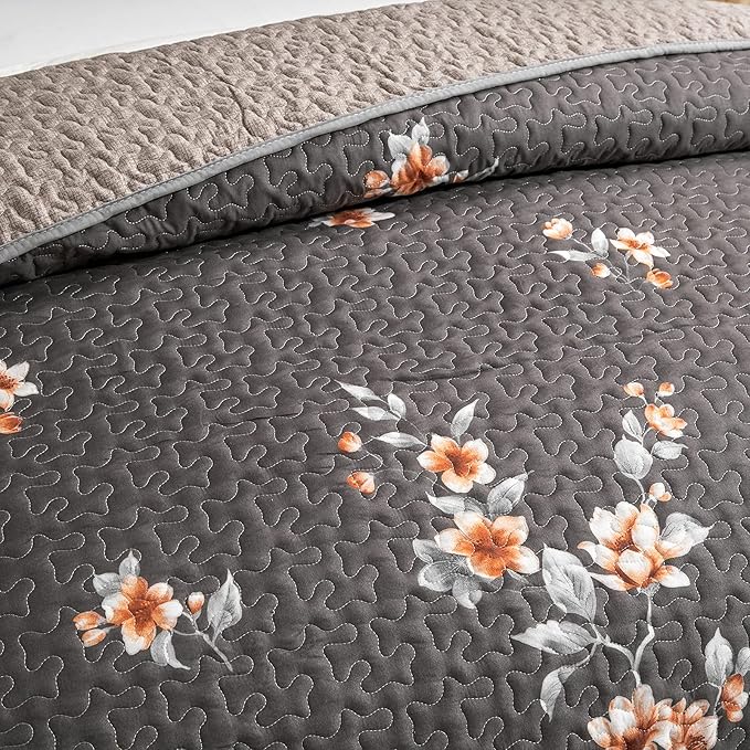 Flysheep 2 Pieces Quilt Set Twin Size, Dark Gray Floral Reversible Bedspread Coverlet Set, Soft Microfiber Lightweight Bed Cover for Kids (68" x 86", 1 Quilt+ 1 Pillow Sham)