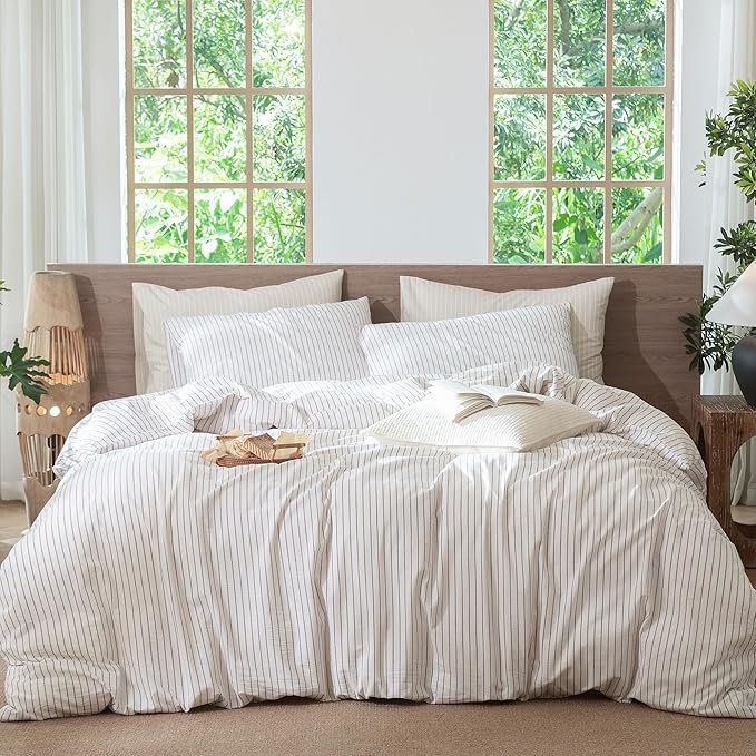 MooMee Striped Duvet Cover Set 100% Washed Cotton Linen Like Textured Breathable Durable Soft Comfy (White Orange Wide Stripes, Oversized Queen 98"x98")