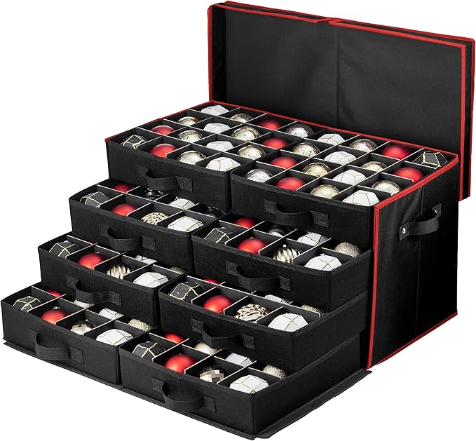 Premium Large Christmas Ornament storage Box, with Side Open, Drawer Style Trays - 3" Compartment, 8 Trays, Keeps 128 Holiday Ornaments & Xmas Accessories, Storage Container Made Of 600D Oxford Fabric