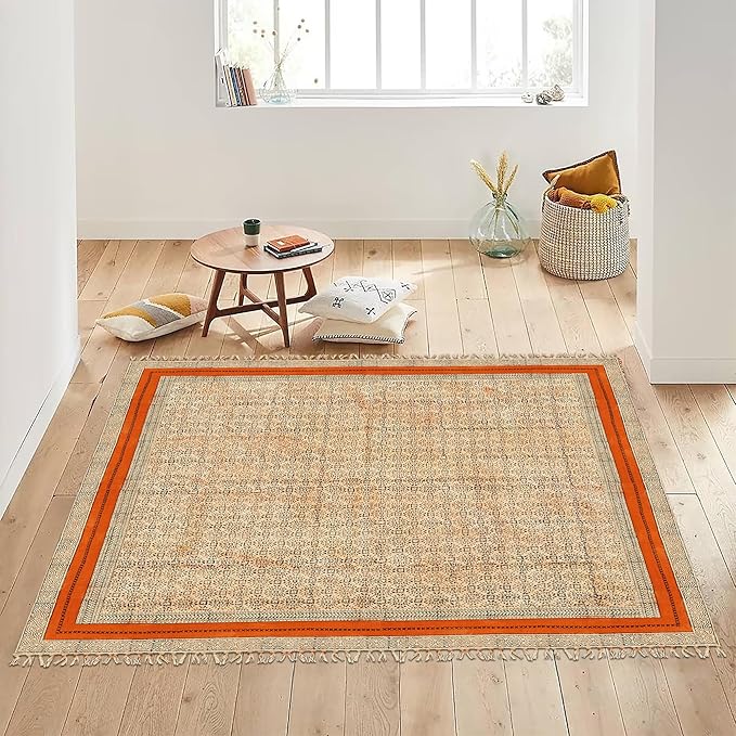 Area Rug 6' Square Rug Bronze & Black Cotton Dhurrie Oriental Thick 0.19 inches Stone Easy Washable Rug Hand Wash Cotton Carpet Flatweave Rug Indoor Outdoor Rugs for Hall Room, Dining Room