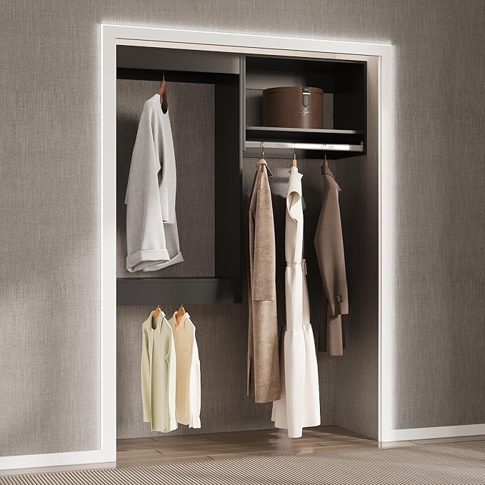Modular Closet, 55" Wide Organizer with Hanging, Wood Tower Storage for Walk-in Closets, Wall Mounted Wardrobe Kit, Bedroom, Black