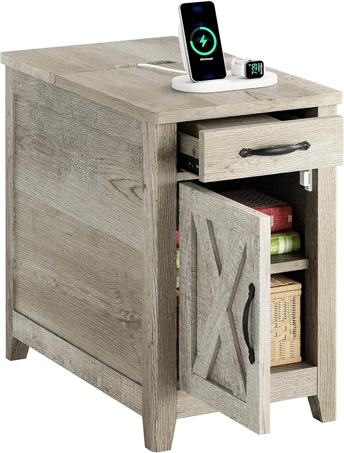 IRONCK End Table with Charging Station, Narrow Side Table for Living Room, Farmhouse Night Stand for Bedroom, Bedside Table with Storage and Drawer for Home, Beige Maple