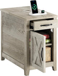 IRONCK End Table with Charging Station, Narrow Side Table for Living Room, Farmhouse Night Stand for Bedroom, Bedside Table with Storage and Drawer for Home, Beige Maple