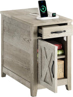 IRONCK End Table with Charging Station, Narrow Side Table for Living Room, Farmhouse Night Stand for Bedroom, Bedside Table with Storage and Drawer for Home, Beige Maple