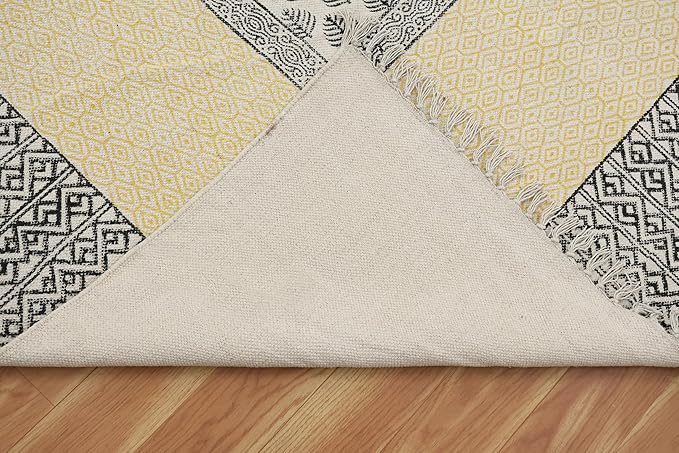 Kilim Rug 8x11 Area Rug Beige & Black Cotton Dhurrie Oriental Thick 0.19 inches Stone Easy Washable Rug Hand Wash Cotton Carpet Flatweave Rug Indoor Outdoor Rugs for Living Room, Bedroom
