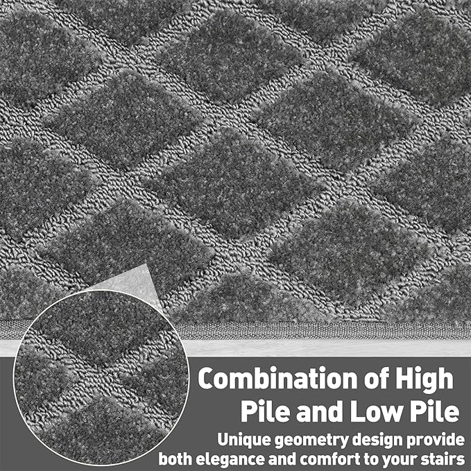 PURE ERA Carpet Stair Treads Tape Free Non Slip Indoor Stair Carpet Stair Protectors Pet-Friendly Non-Slip Skid Resistant Washable Reusable 8" x 30"(2 Pieces,Gray Diamond Trellis)