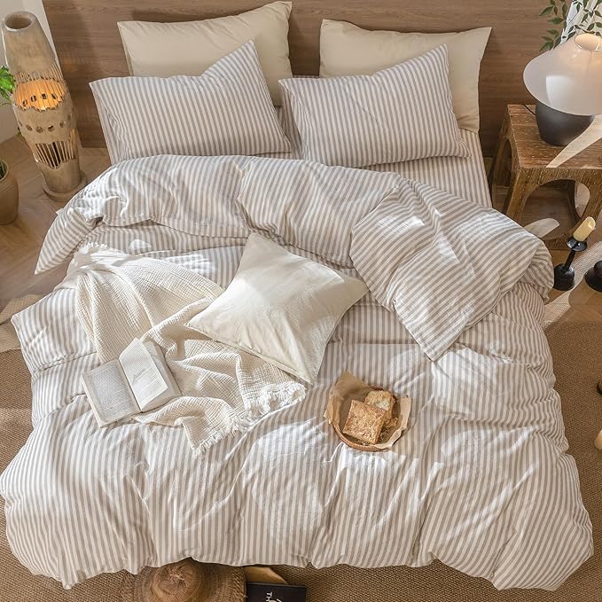 MooMee Striped Duvet Cover Set 100% Washed Cotton Linen Like Textured Breathable Durable Soft Comfy (Tannish Linen Grey White Classic Stripes, Super Queen 90"x98")