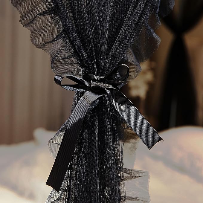 4 Corners Post Princess Curtains Bed Canopy for Girls 8 Panels Curtain- Double Layer Sheer Mesh Canopies Drapes Girls Room Decor (8P-Black/Black, 4P(33"x82") W+4P(43"x82") L/(Queen))