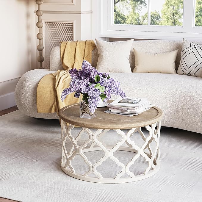 karlott Farmhouse Coffee Table, French Country Round Coffee Table with Distressed Tray Top, Coastal Coffee Tables with Curved Motif Frame Base, Boho Center Table for Living Room, Dining Room, Bedroom