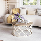 karlott Farmhouse Coffee Table, French Country Round Coffee Table with Distressed Tray Top, Coastal Coffee Tables with Curved Motif Frame Base, Boho Center Table for Living Room, Dining Room, Bedroom