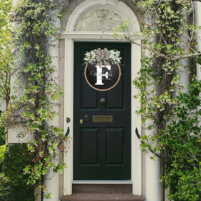 Circular Surname Front Door Welcome Sign - 26 Letter House Wreath, Front Porch Decorations, Year-Round Home Decor (F)