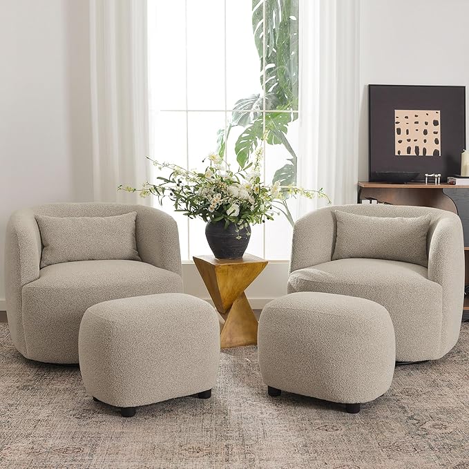 KINWELL Round Boucle Upholstered Ottoman Chair, Footstool with Soft Padded Seat, Fully Assembled Modern Sofa Couch Footrest, Extra Seating for Bedroom Entryway, Taupe(18.5" D x 23" W x 16.5" H)