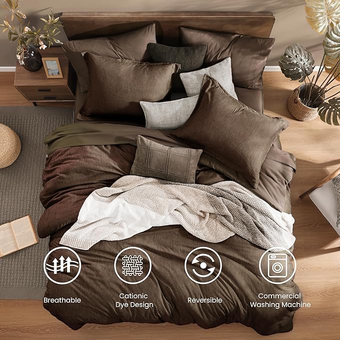 Monbix Full Size Comforter Set, Chocolate Brown Bedding Comforter for Full Size Bed Set Reversible, Bedding Sets Full 7 Pieces, Cationic Dyeing Bed in a Bag with Comforter, Sheets, Pillowcases & Shams