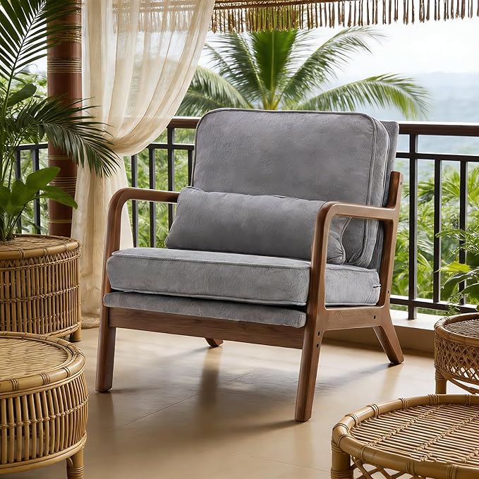 Simple Deluxe Mid-Century Modern Wood Accent Chair & Cozy Reading Chair, Upholstered Living Room Chair with Waist Cushion, Solid Wood Chair with Pillow for Bedroom, Grey