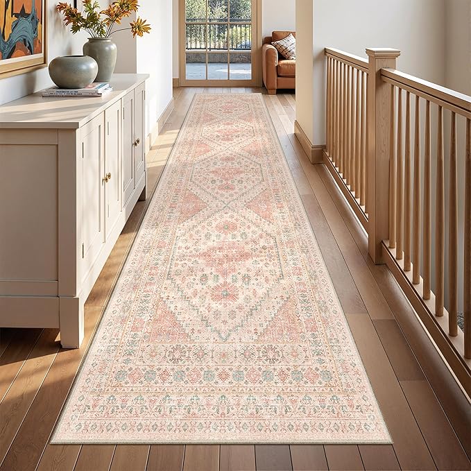 Runner Rug 2x10, Ultra-Thin Kitchen Rugs Non Slip Washable Rugs for Entryway Rug, Kitchen Runner Low Pile Vintage Soft Carpets for Living Room, Bathroom Bedroom (Pink,2'x10')