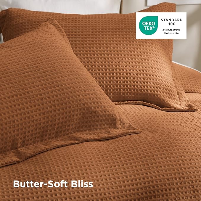 Bedsure Luxury Waffle Duvet Cover Queen Size - Textured Duvet Cover Set, Soft, Breathable Bedding Set (90"x90") with 2 Pillow Shams for All Season, Caramel Cafe, Comforter Not Included