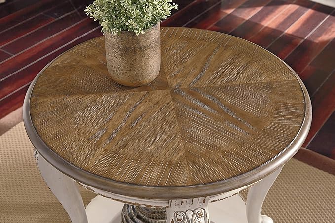 Signature Design by Ashley Realyn Cottage Style Round End Table, Fixed Lower Shelf, Antiqued 2-tone, Finish, Wood, 26" W x 26" D x 25.88" H, White and Brown