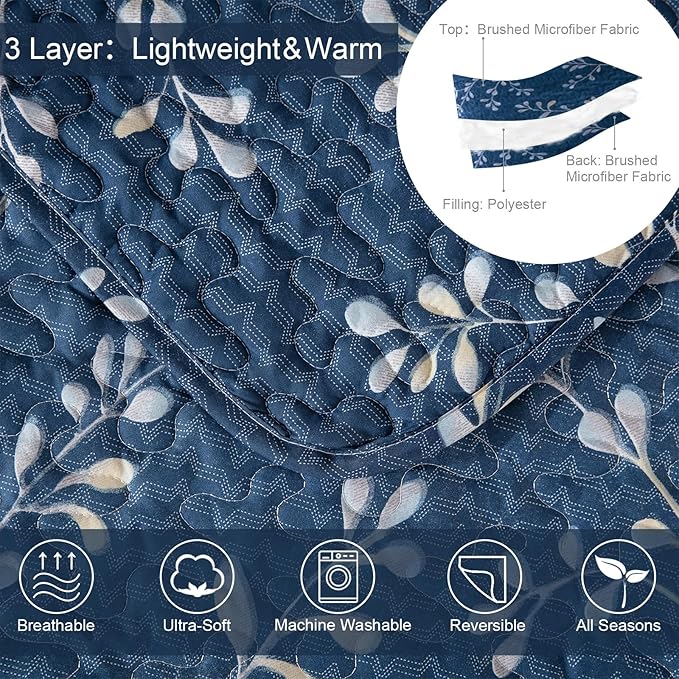 Exclusivo Mezcla Reversible Boho Quilts King Size, Navy Bedspreads Lightweight Coverlet All Season Flowers Quilt Bedding Set with Printed Floral Pattern (1 Quilt, 2 Pillow Shams)