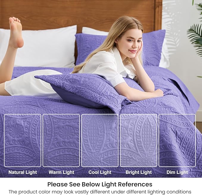 Love's cabin King Size Quilt Bedding Set Deep Purple Bedspreads - Bed Summer Lightweight Bedspread Comforter - Coin Pattern Bedding Coverlet for All Season - 3 Pieces (1 Quilt, 2 Pillow Shams)