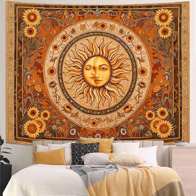Accnicc Vintage Sun and Moon Tapestry Boho Yellow Orange Indie Wall Tapestry for Bedroom Aesthetic Sunflower Small Hippie Fall Tapestries Wall Hanging for Living Room Dorm 48 x 36 Inch