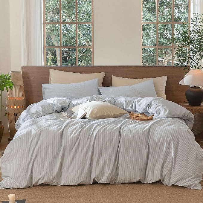 MooMee Striped Duvet Cover Set 100% Washed Cotton Linen Like Textured Breathable Durable Soft Comfy (Cornflower Blue White Pinstripes, Cal King 104"x98")