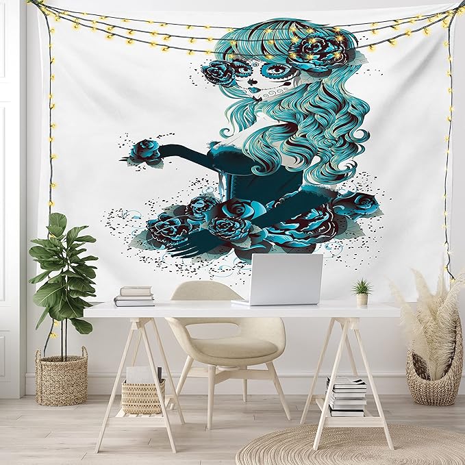Ambesonne Skull Tapestry King Size, Vintage Sugar Shape Girl Day of the Dead Bride Dark Color Roses Graphic, Wall Hanging Bedspread Bed Cover Wall Decor, 104" X 88", Petrol Blue White