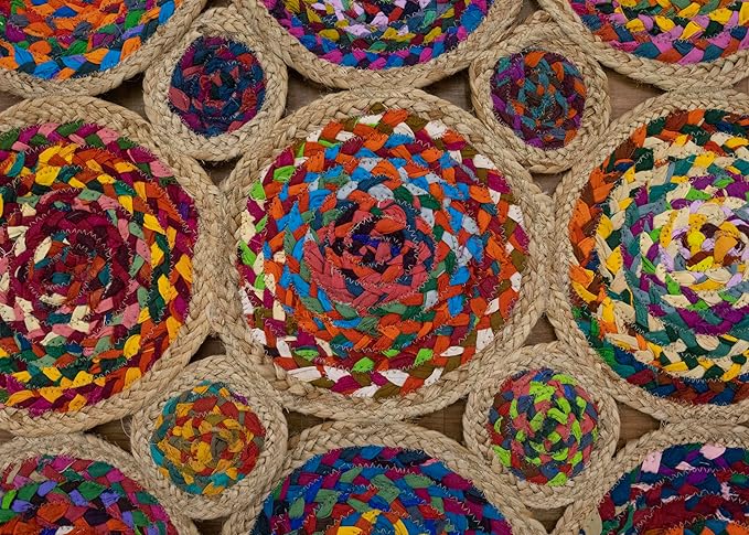 2.6x10 Scalloped Kilim Runner Rug Beige Multicolor Hand Braided Chindi Cotton Jute Cape Cod Design 0.27" Thick Flatweave Geometric Boho Indoor Outdoor Carpet for Hallway, Entryway, Corridor