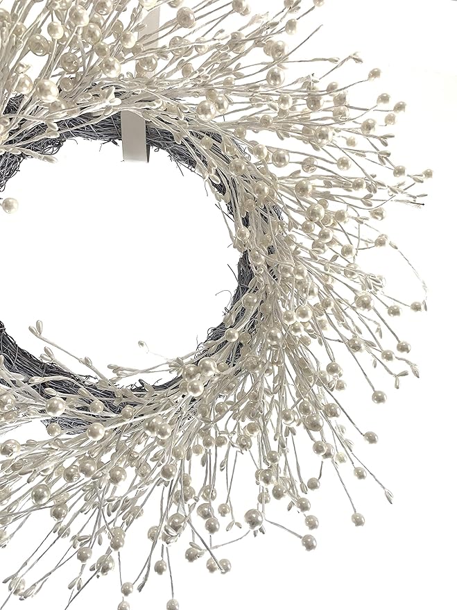 Huashen 24 Inch Winter Front Door Wreath Pearl White Berry Wreath Winter Wreaths for Front Door, Fireplace, Mantel, Xmas Christmas Décor