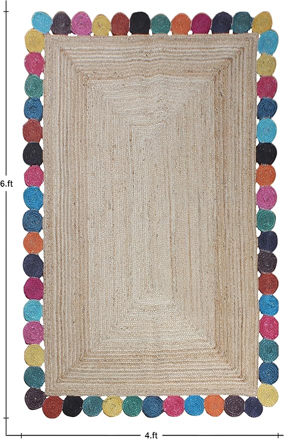 Scalloped Edge Rug, Hand Woven Natural Jute Area Rug, 9x12 Ft Beige & Multicolor Braided Sisal Kilim Rugs for Living Room, Kitchen, Entryway, Farmhouse