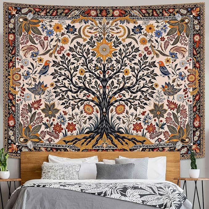 Lunerfex Folk Art Wall Tapestry - Tree of Life with Sun and Bird Wall Hanging for Bedroom and Living Room - Boho Floral Tapestries 60"x44"