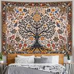 Lunerfex Folk Art Wall Tapestry - Tree of Life with Sun and Bird Wall Hanging for Bedroom and Living Room - Boho Floral Tapestries 60"x44"