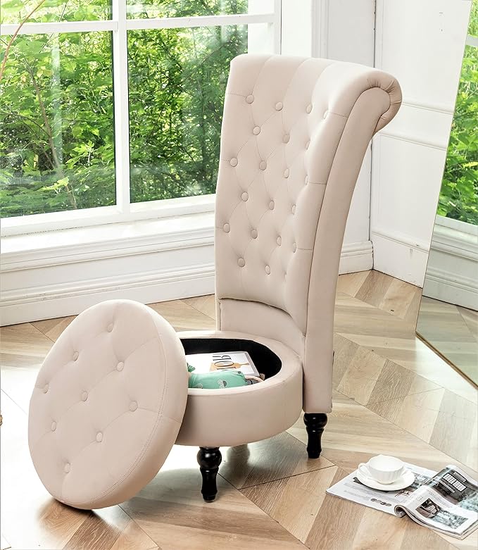 Royal High-Back Velvet Accent Chair for Vanity with Storage and Luxurious Upholstery, Retro Design and Versatile Usage for Living Room, Bedroom, Lounge and Office, Ivory