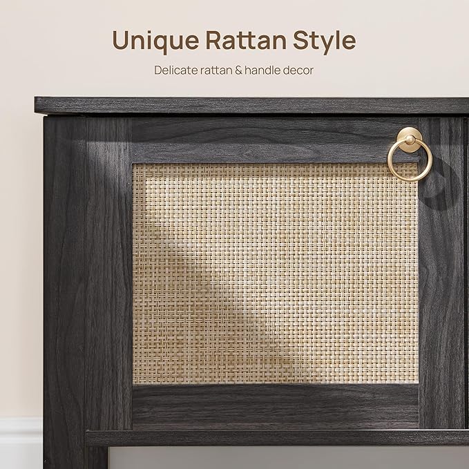 SICOTAS Rattan Shoe Bench - 2 Pieces Farmhouse Shoe Organizer Bench with Lift Top Storage and Hidden Cabinet, Boho Shoe Rack Cabinet for Entryway, Hallway, Bedroom (Obsidian)