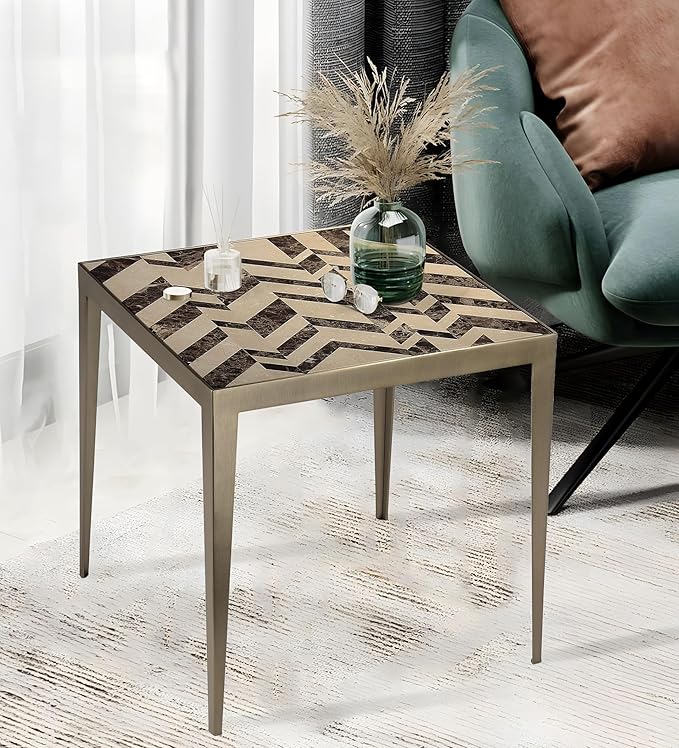 Nikki Side Table – Modern Luxury Mosaic Stone Top with Bright Brass Base, Commercial Grade Quality End Table - 20" H x 20" L x 20" W