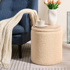 Sam Legend Round Boucle Ottoman with Storage Set of 2,Upholstered Vanity Stool Foot Rest with Removable Lid White Cylinder Stool Sitting Room Ottoman for Living Room Pouf Footstool,Gifts Beige