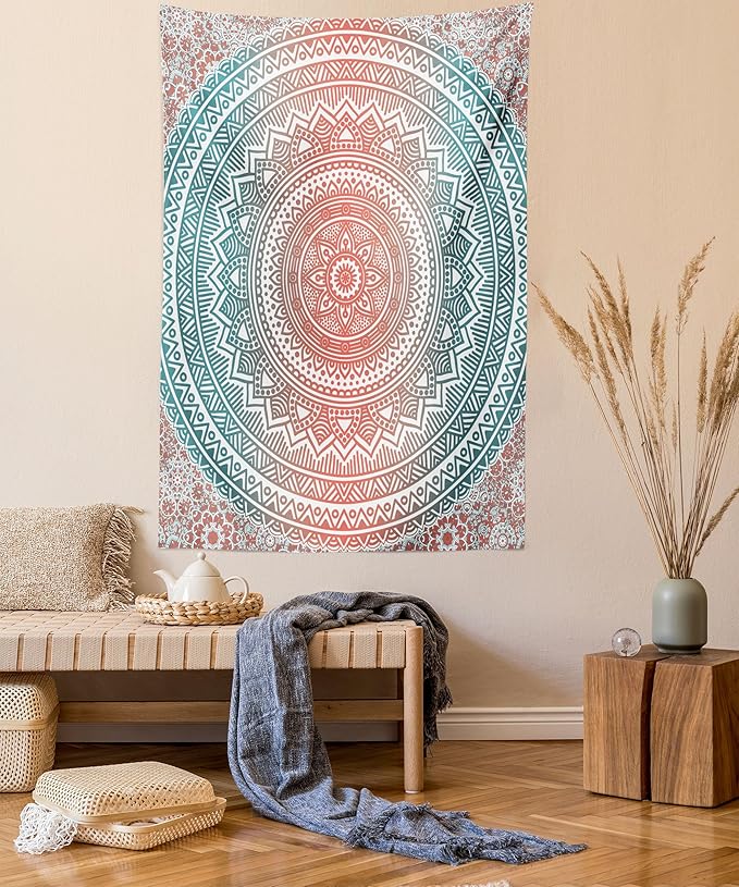 Ambesonne Teal and Coral Tapestry, Ombre Mandala Art Antique Gypsy Folk Pattern Cosmos Image, Wall Hanging for Bedroom Living Room Dorm Decor, 40" X 60", Teal Coral
