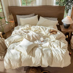 MooMee Wavy Striped Duvet Cover Set 100% Washed Cotton Linen Like Textured Breathable Durable Soft Comfy (Cream White, Alaska King 132"x120")