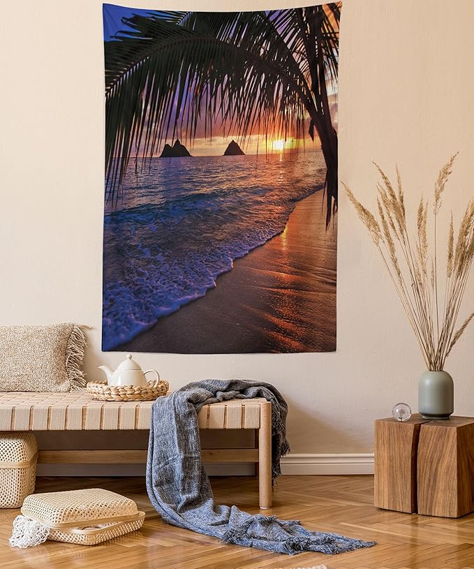 Ambesonne Hawaiian Tapestry, Pacific Sunrise at Lanikai Beach Hawaii Sandy Tropics Hills Leaves Landmark, Wall Hanging for Bedroom Living Room Dorm Decor, 60" X 80", Umber Purple