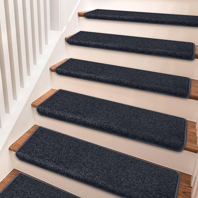 PURE ERA Bullnose Carpet Stair Treads Set Tape Free Non-Slip Indoor Stair Protectors Pet Friendly Rugs Covers Soft Skid Resistant Washable Reusable 9.5" x 30"(14 Pieces,Black)